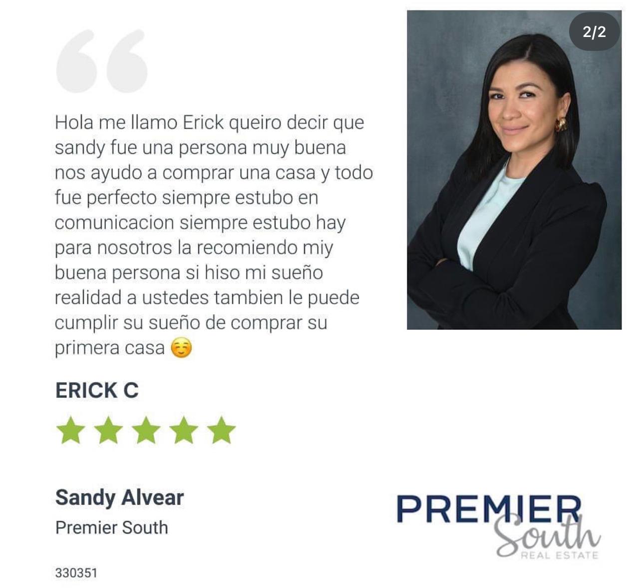 5-star review for Sandy Alvear from Erick on Premier South
